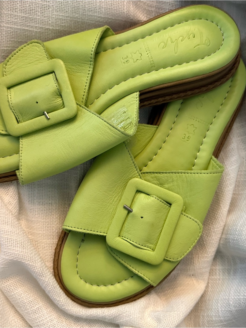 Tyche Lime Green Leather Buckle Slide Sandals